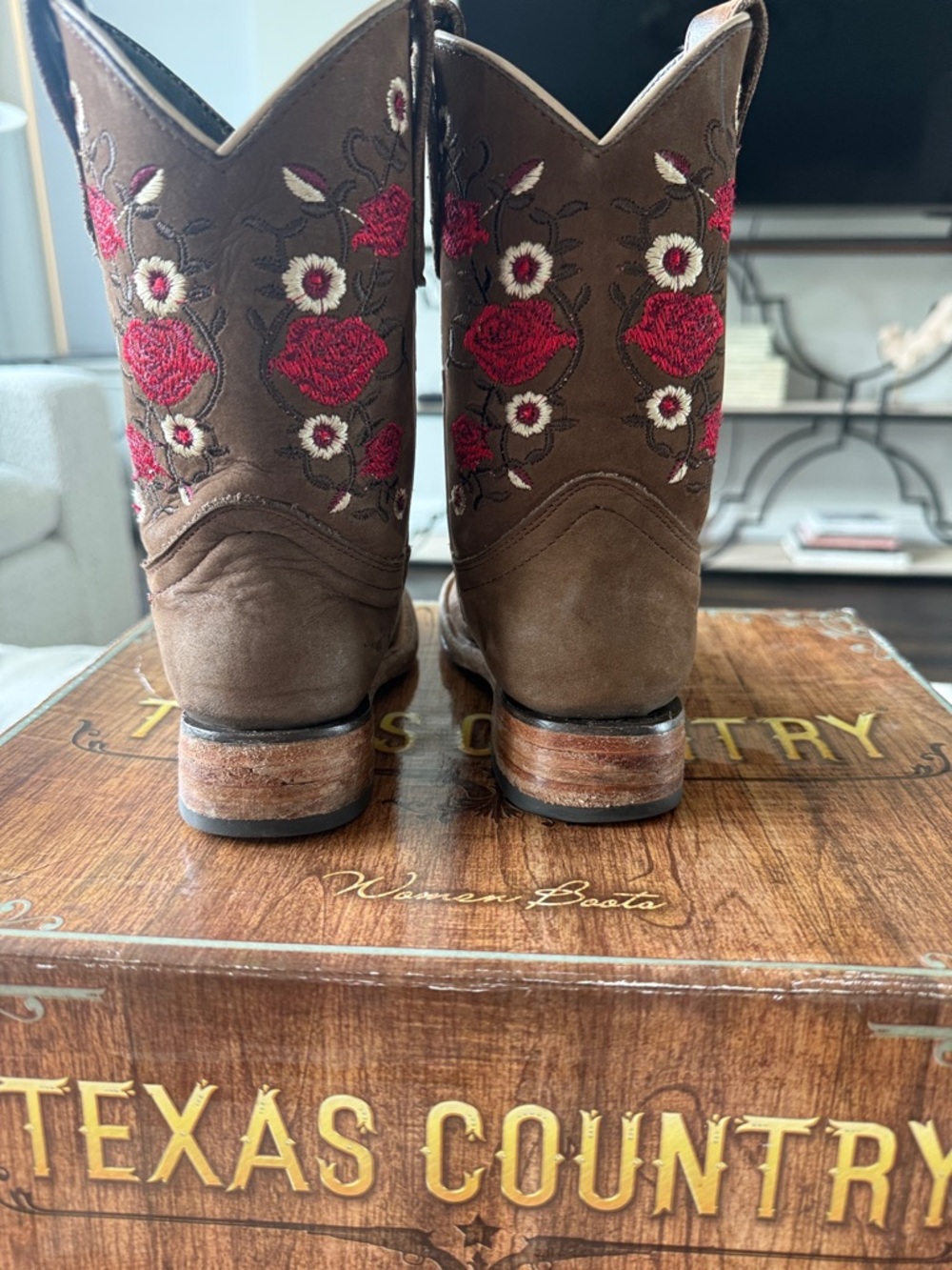 Texas Country kids 12 Brown Suede Women’s Embroidered Western Boots - Red Floral - Picture 5 of 6